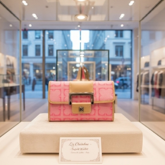 Liz Claiborne New York Pink and Tan Trifold Wallet - Picture 1 of 12